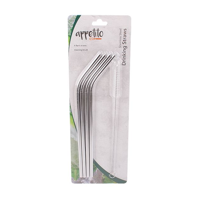 set of four stainless steel reusable straws with cleaning brush