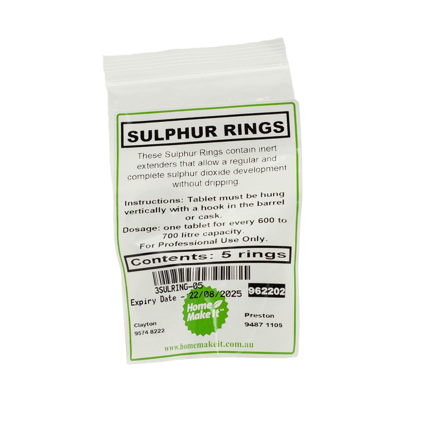 These sulphur rings contain inert extenders that allow a regular and complete sulphur dioxide development without dripping