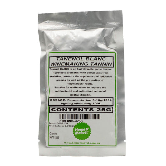 26g packet of tanenol blanc for wine making. Protects aromatic wine compounds from oxidation. Suitable for white wines. 