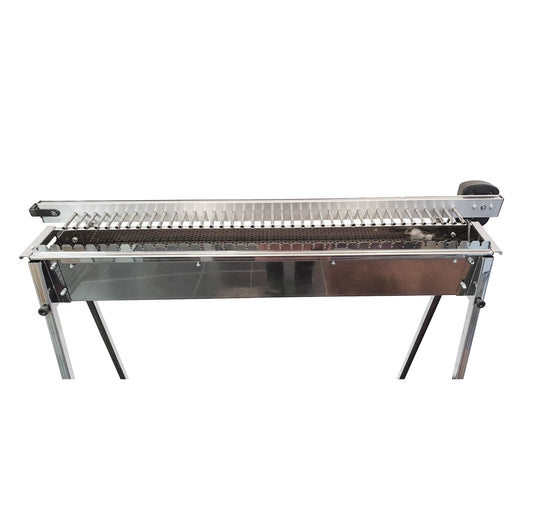 Italian made stainless steel auto rotating charcoal skewer grill. Holds up to 40 skewers. 