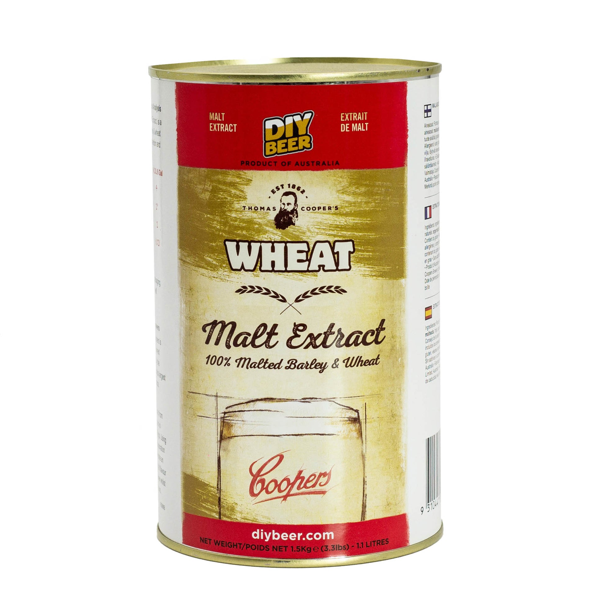 thomas coopers wheat malt extract brew tin is a high quality 100% malted barley & wheat extract that improves head retention and delivers a softer mouthfeel