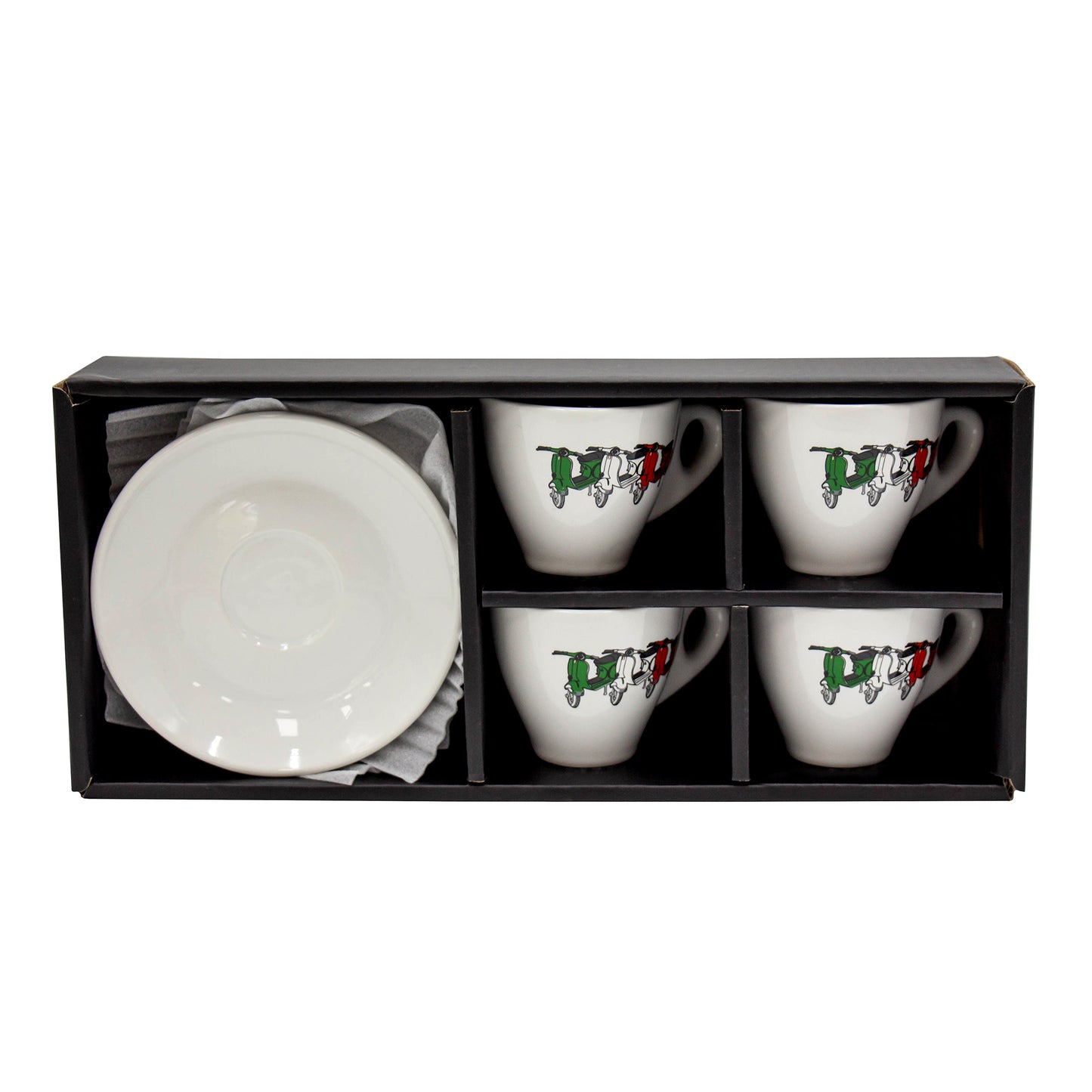 Set of four Italian Made Vespa espresso cups and saucers gift set