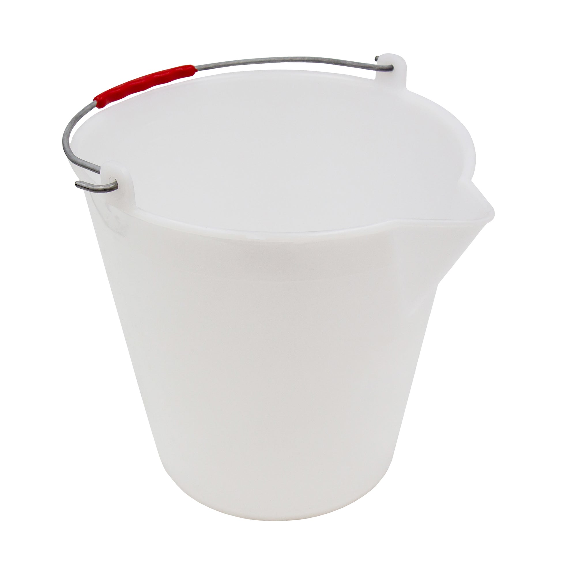 12 litre white plastic bucket with metal carry handle and easy pour spout. 