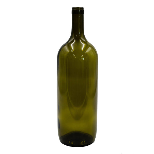 1.5 litre green glass magnum wine bottle with cork opening. 