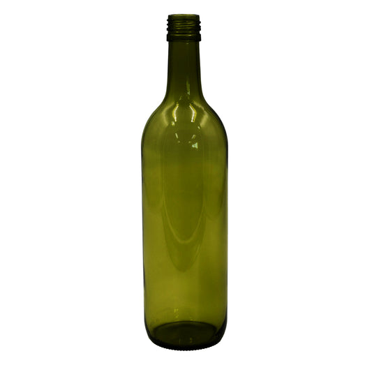750ml green glass claret heavy weight wine bottle with screw top opening. 