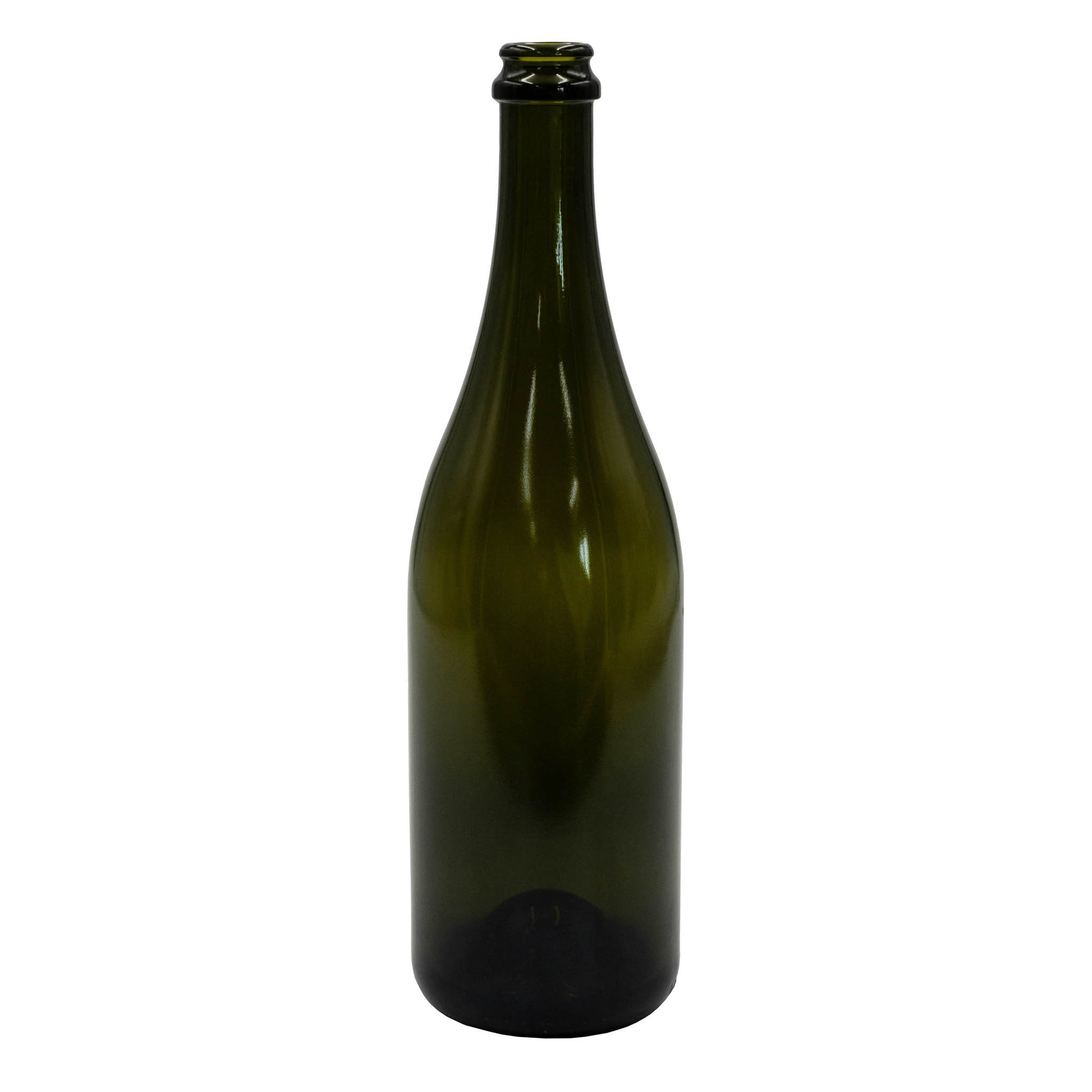 750ml green glass champagne wine bottle with cork opening. 