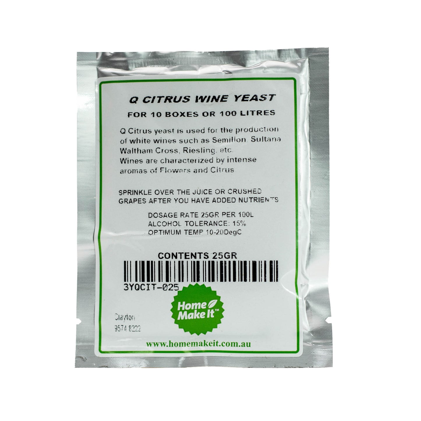 25g packet of Q Citrus wine yeast. for the production of white wines such as Semillon, Sultana, Waltham Cross, Riesling