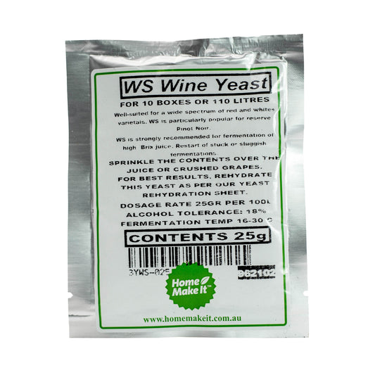 25g packet of WS wine yeast. Suited to a wide spectrum of red and white wine. 